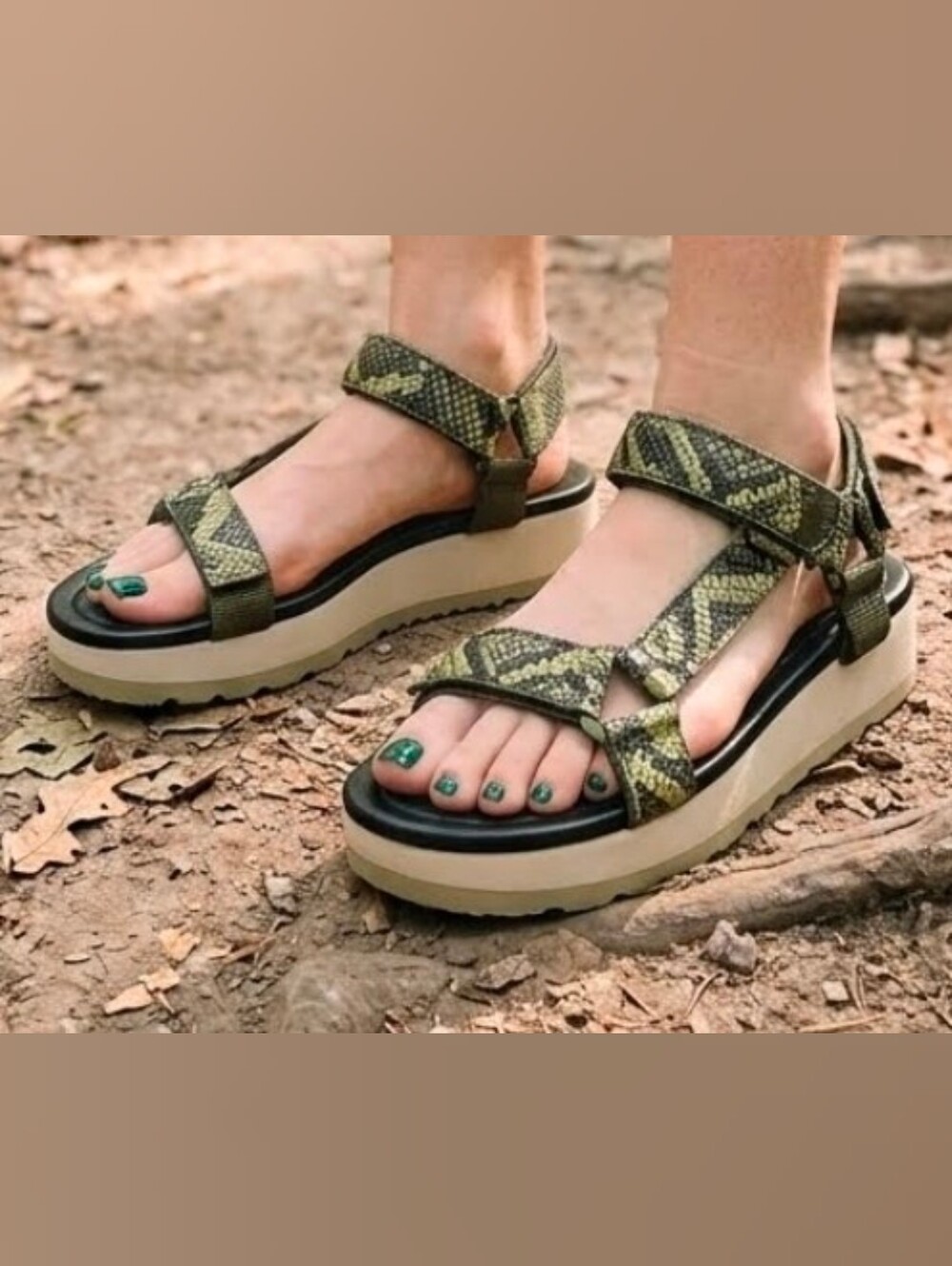 Vince Carver Platform Sport Sandals in Army Green/Black Snakeskin Print 8M